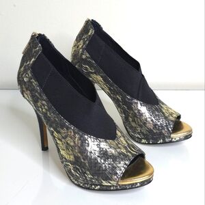DONALD J PLINER Sassi Gold Black Platino Peep Toe Bootie Heels Womens 6.5